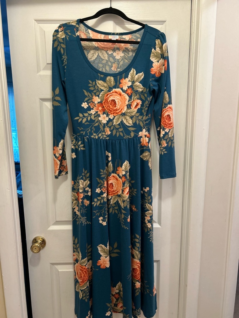 LuLaRoe Teal Maxi Dress with Peach Floral Print
